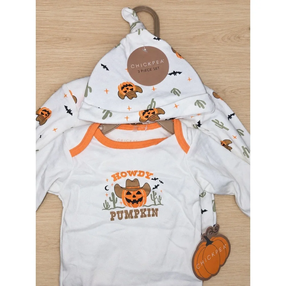 Chickpea Baby Howdy Pumpkin Halloween Bodysuit Hat Set 3pc White Orange 6-9M